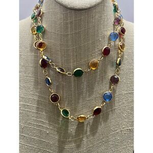 American Crystal USA  Multicolor Station Necklace Gold Tone